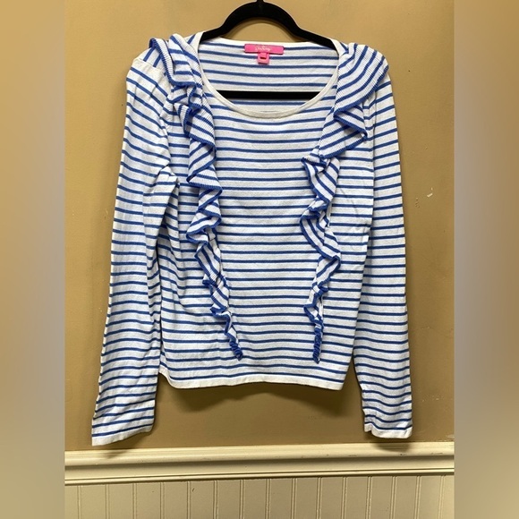 Lilly Pulitzer Ruffled Striped Ruth Sweater Size Medium White Blue Pullover Top - Picture 1 of 6